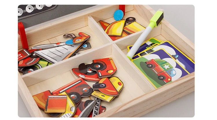 Puzzle Magnético de Vehículos – Caja de Madera con Tarjetas y Piezas