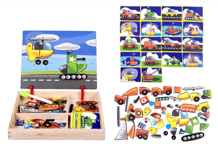 Puzzle Magnético de Vehículos – Caja de Madera con Tarjetas y Piezas
