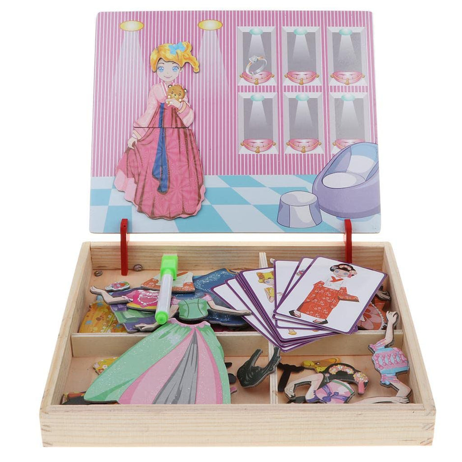 Puzzle Magnético de Vestidos – Caja de Madera con Tarjetas y Piezas