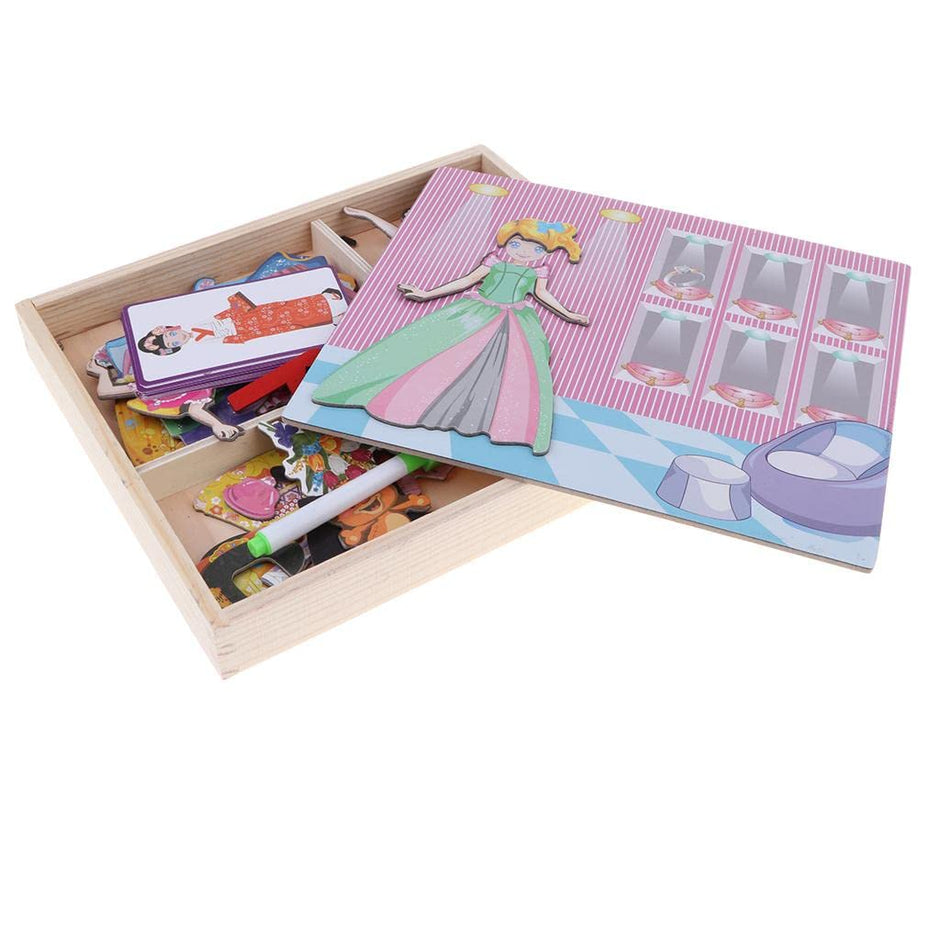 Puzzle Magnético de Vestidos – Caja de Madera con Tarjetas y Piezas
