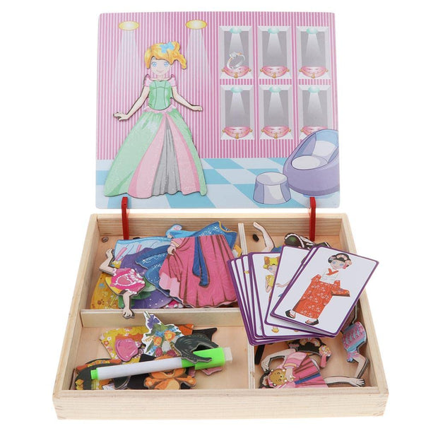 Puzzle Magnético de Vestidos – Caja de Madera con Tarjetas y Piezas