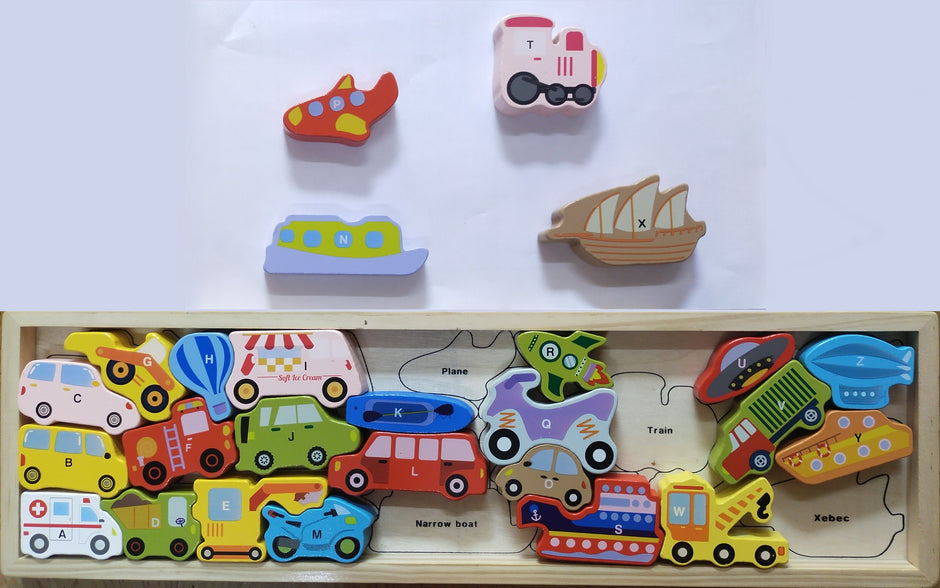 Rompecabezas de Vehículos Abecedario – ¡Apila, Aprende y Juega!