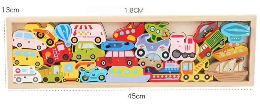 Rompecabezas de Vehículos Abecedario – ¡Apila, Aprende y Juega!