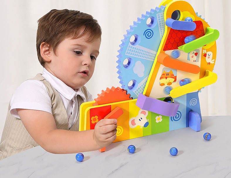 Rueda Montessori de Engranajes y Canicas – Juego Sensorial y de Causa-Efecto