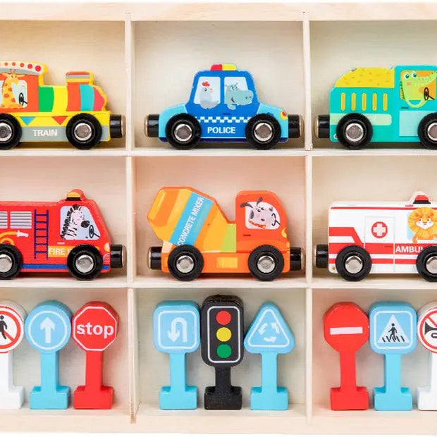 Pequeños Conductores – Set de Transportes y Señales de Tránsito en Madera