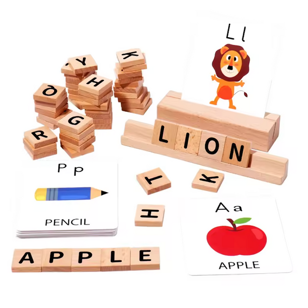 Palabras que cobran vida: Juego de Spelling con letras de madera y tarjetas ilustradas