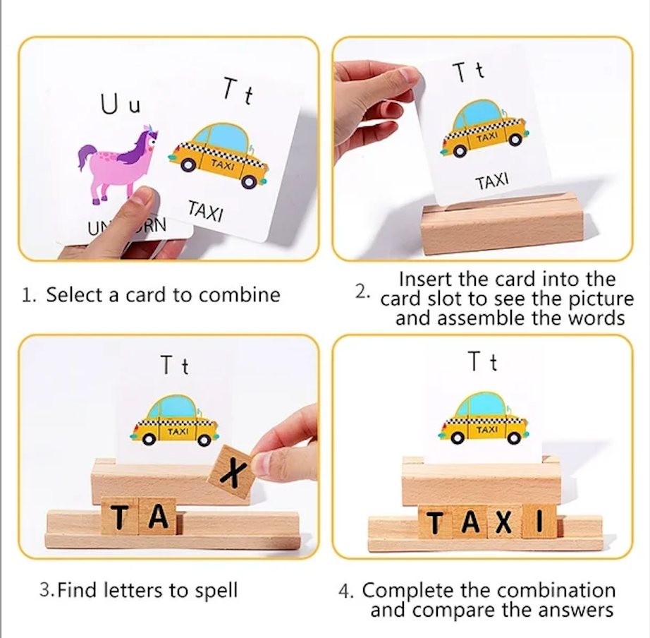 Palabras que cobran vida: Juego de Spelling con letras de madera y tarjetas ilustradas
