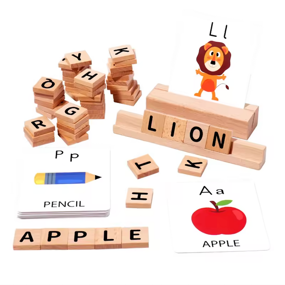 Palabras que cobran vida: Juego de Spelling con letras de madera y tarjetas ilustradas