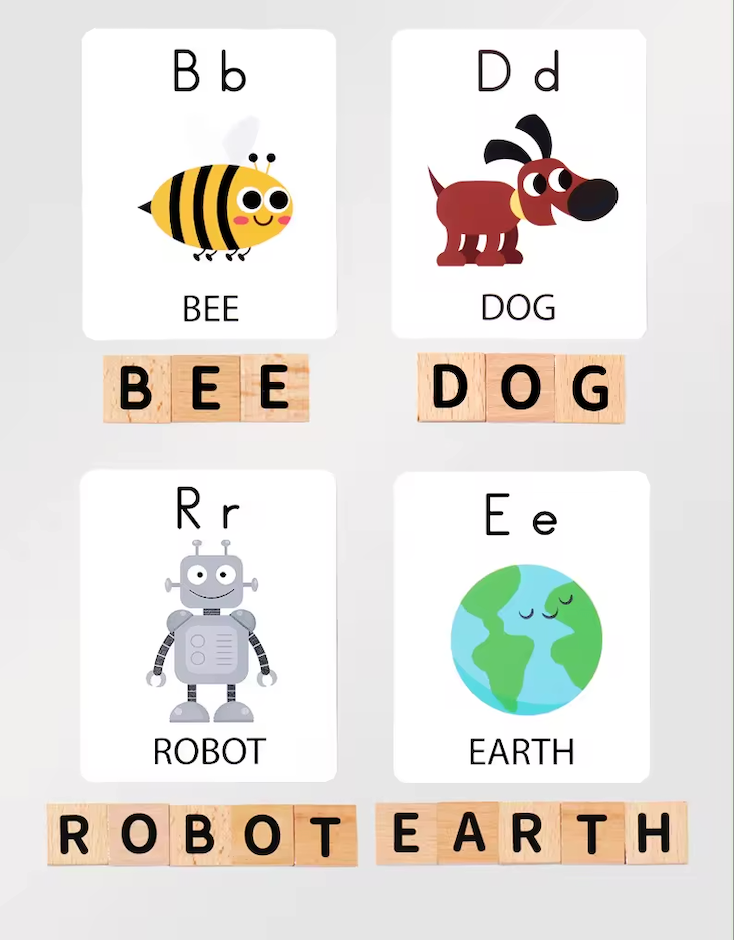 Palabras que cobran vida: Juego de Spelling con letras de madera y tarjetas ilustradas