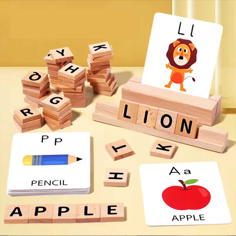 Palabras que cobran vida: Juego de Spelling con letras de madera y tarjetas ilustradas