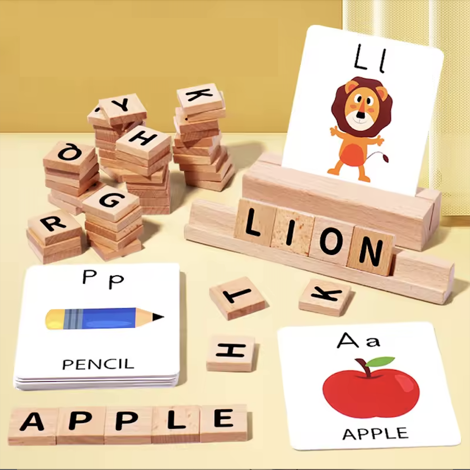 Palabras que cobran vida: Juego de Spelling con letras de madera y tarjetas ilustradas