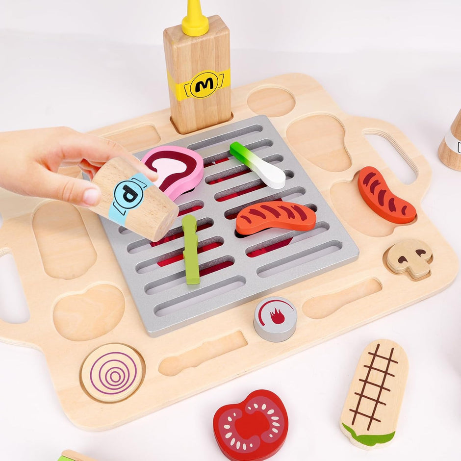 Mini Parrilla de Madera – Parrilla de Juego con Ingredientes y Utensilios