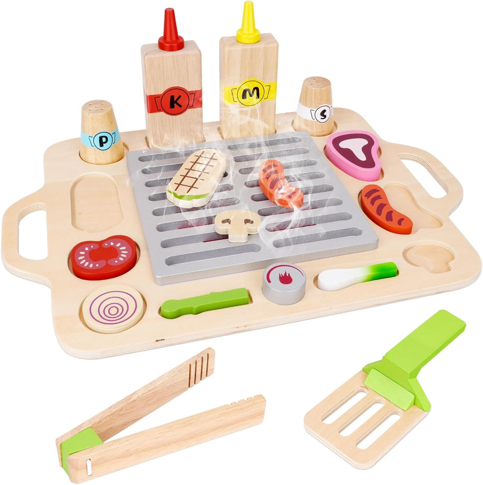 Mini Parrilla de Madera – Parrilla de Juego con Ingredientes y Utensilios