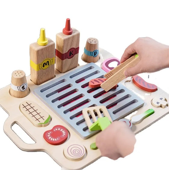 Mini Parrilla de Madera – Parrilla de Juego con Ingredientes y Utensilios