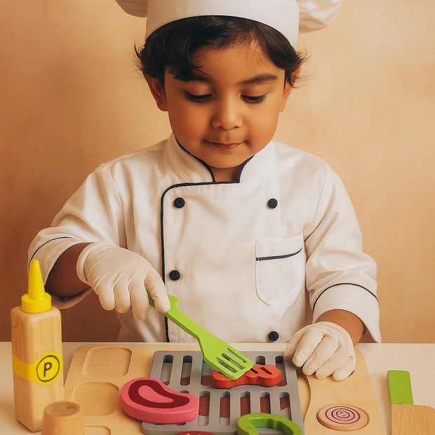 Mini Parrilla de Madera – Parrilla de Juego con Ingredientes y Utensilios