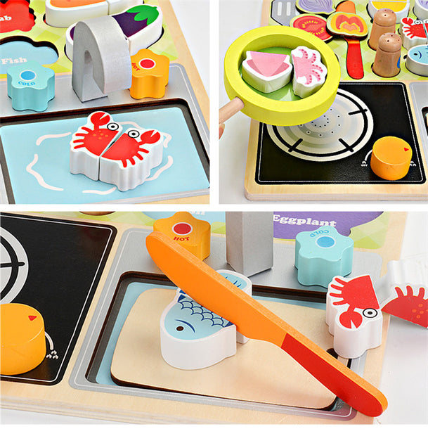 Cocina en Tablero de Madera – Juego Montessori de Corte, Cocción y Clasificación