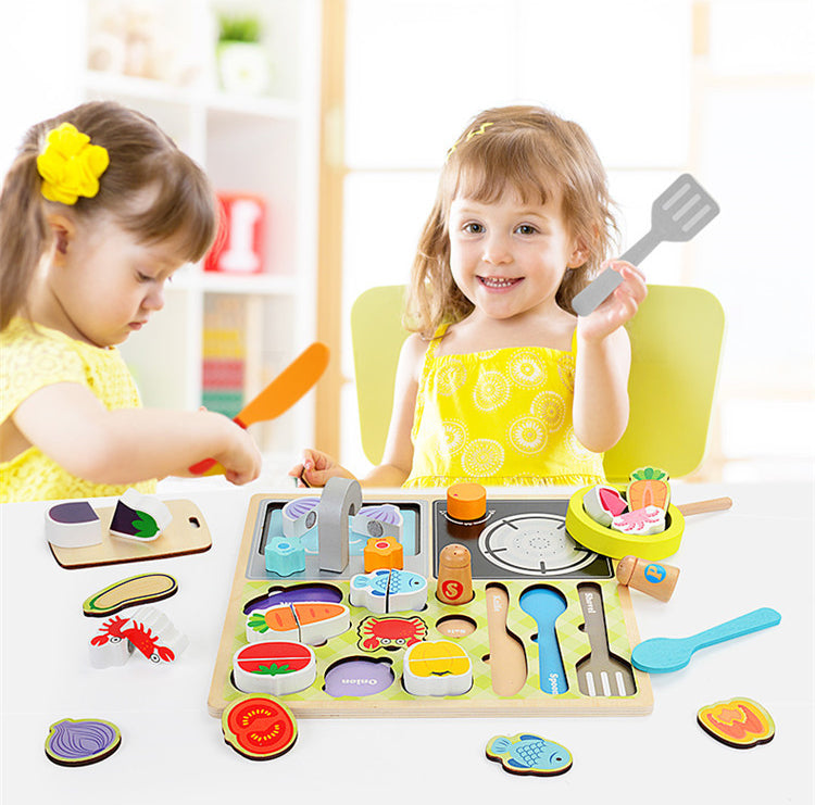 Cocina en Tablero de Madera – Juego Montessori de Corte, Cocción y Clasificación