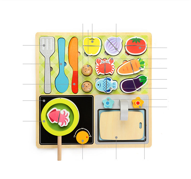 Cocina en Tablero de Madera – Juego Montessori de Corte, Cocción y Clasificación