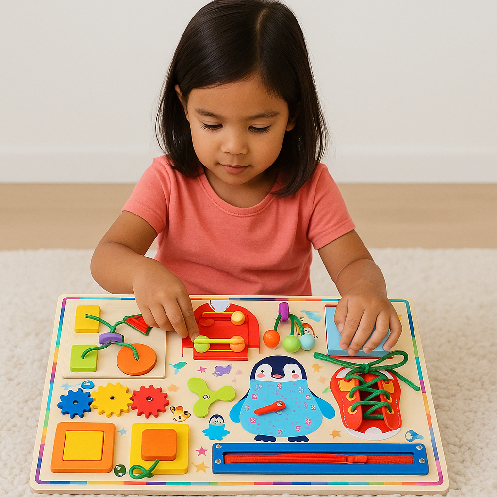 Tablero Montessori “Pingüino Aventurero” – Juguete Educativo de Madera