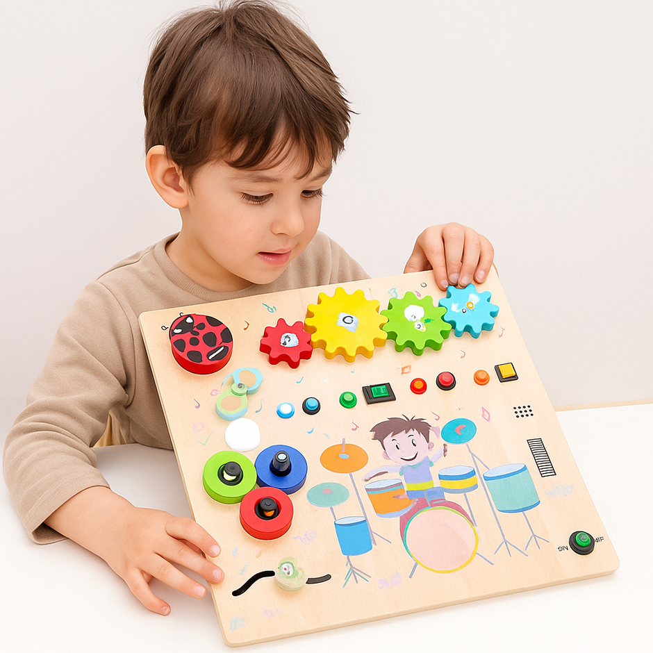 Tablero Musical de Destrezas “Pequeño Explorador” – Juguete Sensorial de Madera