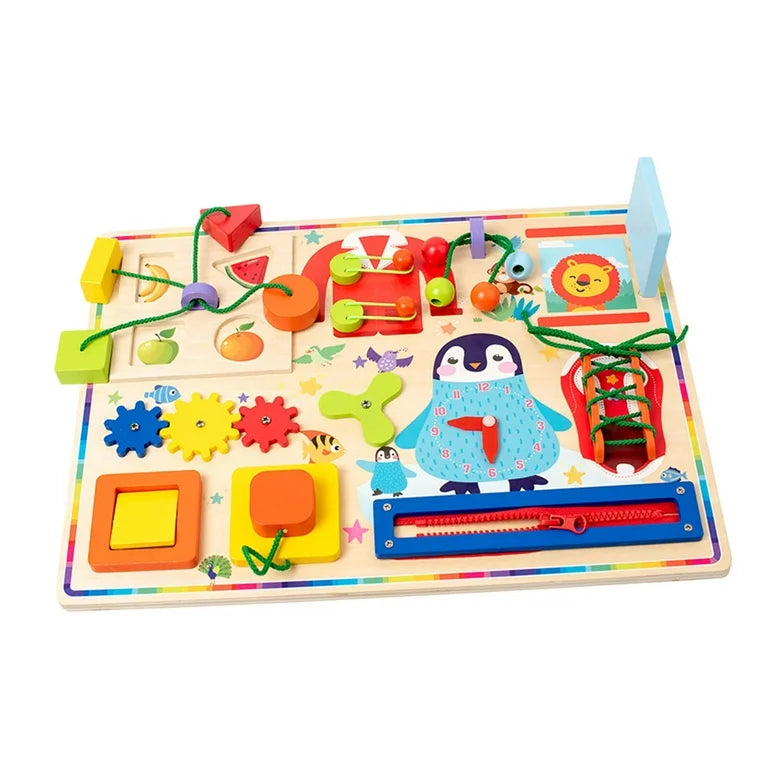 Tablero Montessori “Pingüino Aventurero” – Juguete Educativo de Madera