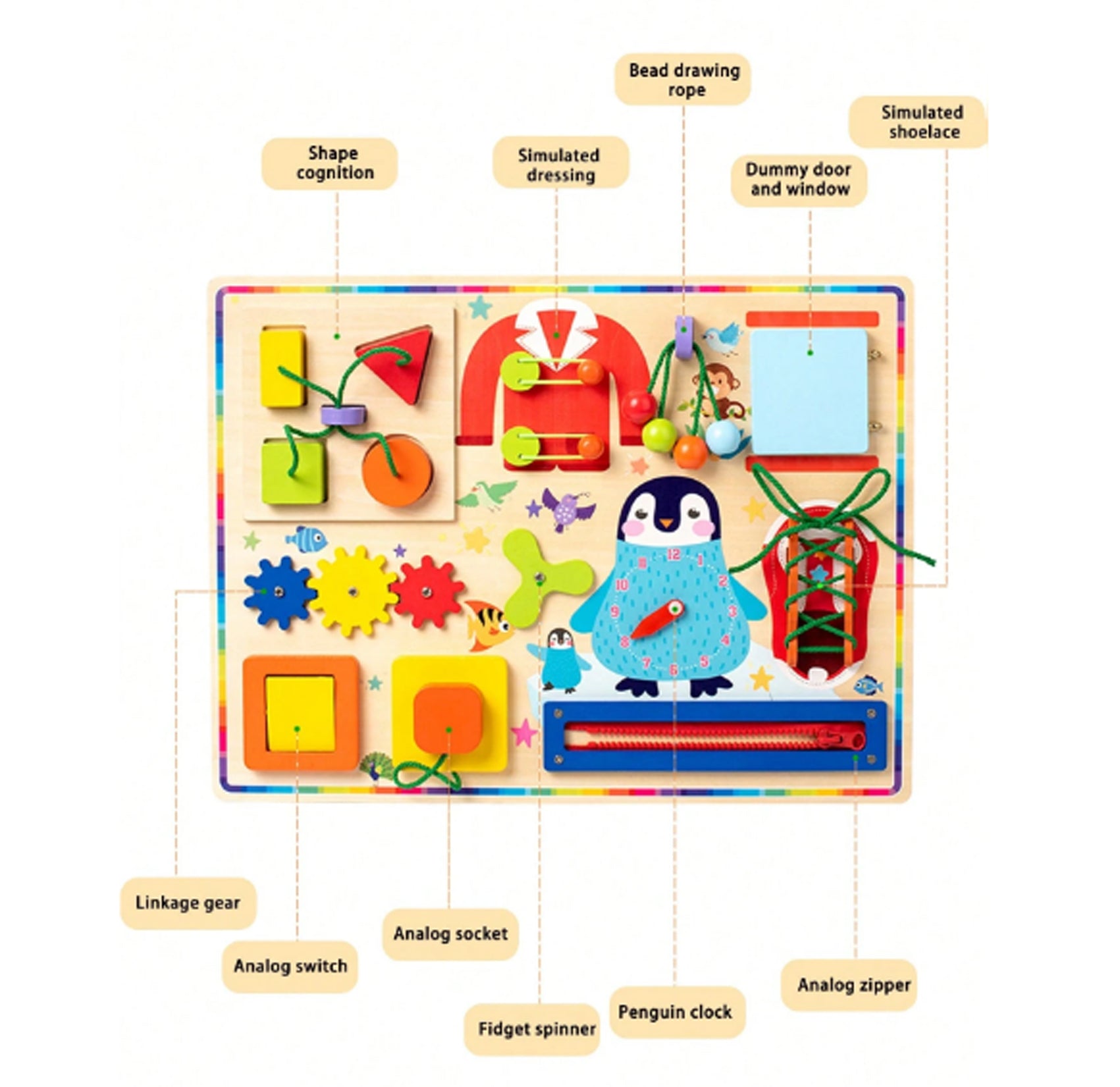 Tablero Montessori “Pingüino Aventurero” – Juguete Educativo de Madera