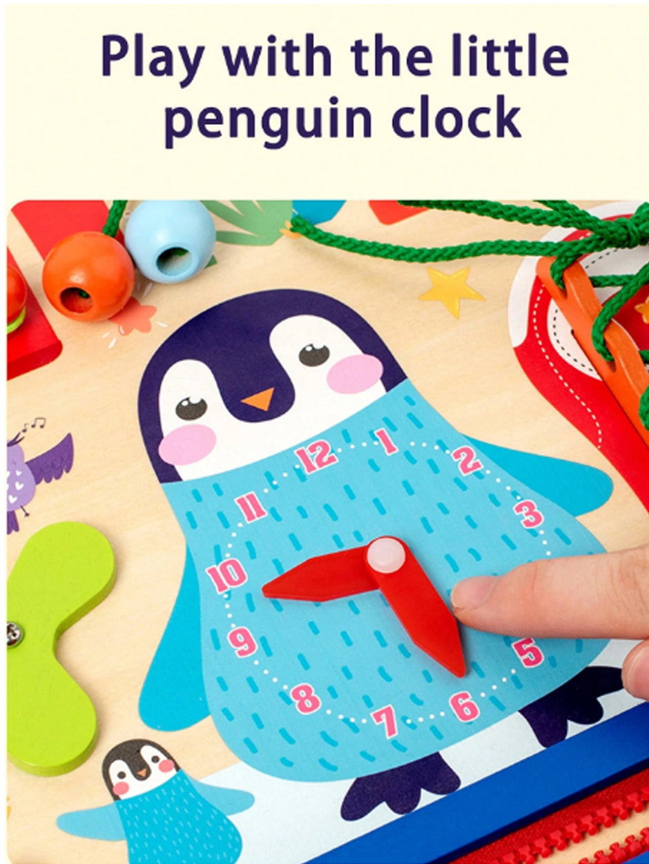 Tablero Montessori “Pingüino Aventurero” – Juguete Educativo de Madera