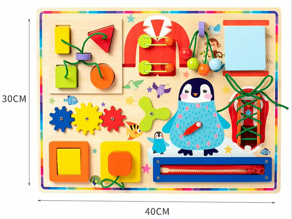 Tablero Montessori “Pingüino Aventurero” – Juguete Educativo de Madera