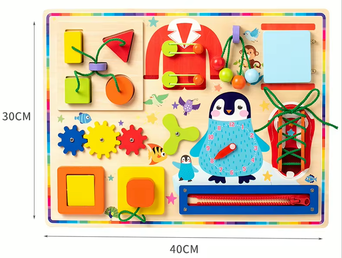 Tablero Montessori “Pingüino Aventurero” – Juguete Educativo de Madera