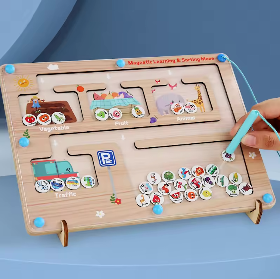 4 Mundos por Descubrir  – Tablero Magnético Montessori de Clasificación: Vehículos, Animales, Frutas y Verduras