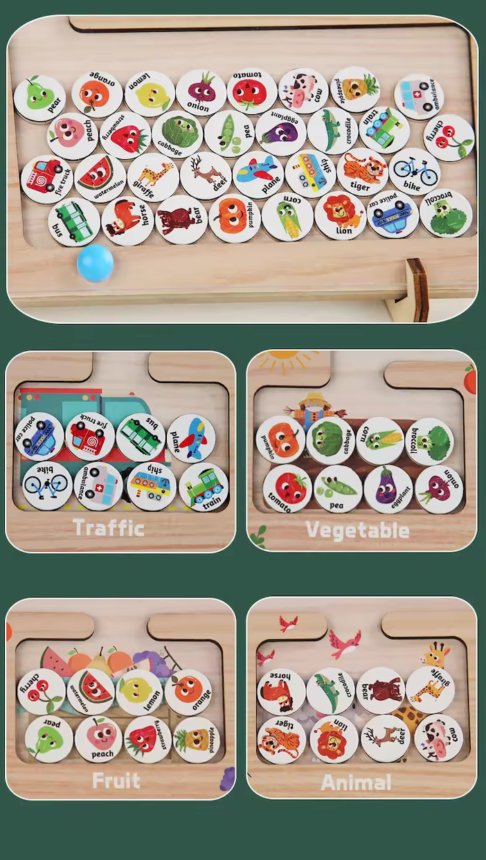 4 Mundos por Descubrir  – Tablero Magnético Montessori de Clasificación: Vehículos, Animales, Frutas y Verduras