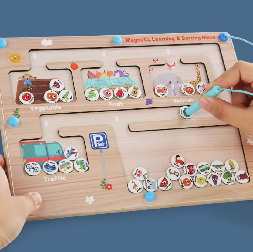 4 Mundos por Descubrir  – Tablero Magnético Montessori de Clasificación: Vehículos, Animales, Frutas y Verduras