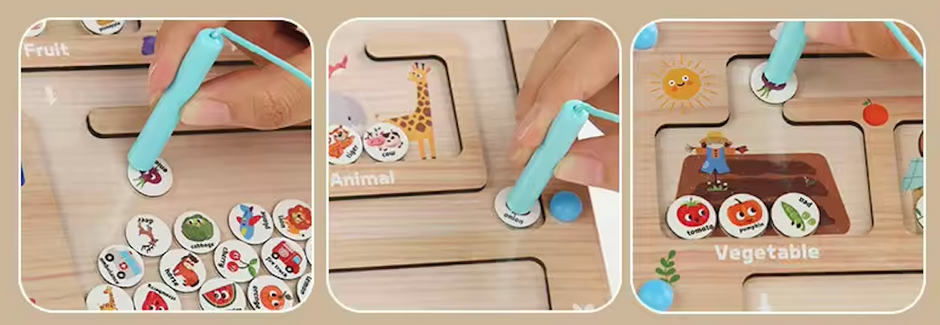 4 Mundos por Descubrir  – Tablero Magnético Montessori de Clasificación: Vehículos, Animales, Frutas y Verduras