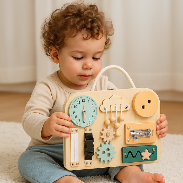 Maleta Montessori “Aventuras de Madera” – Tablero Educativo 3 en 1