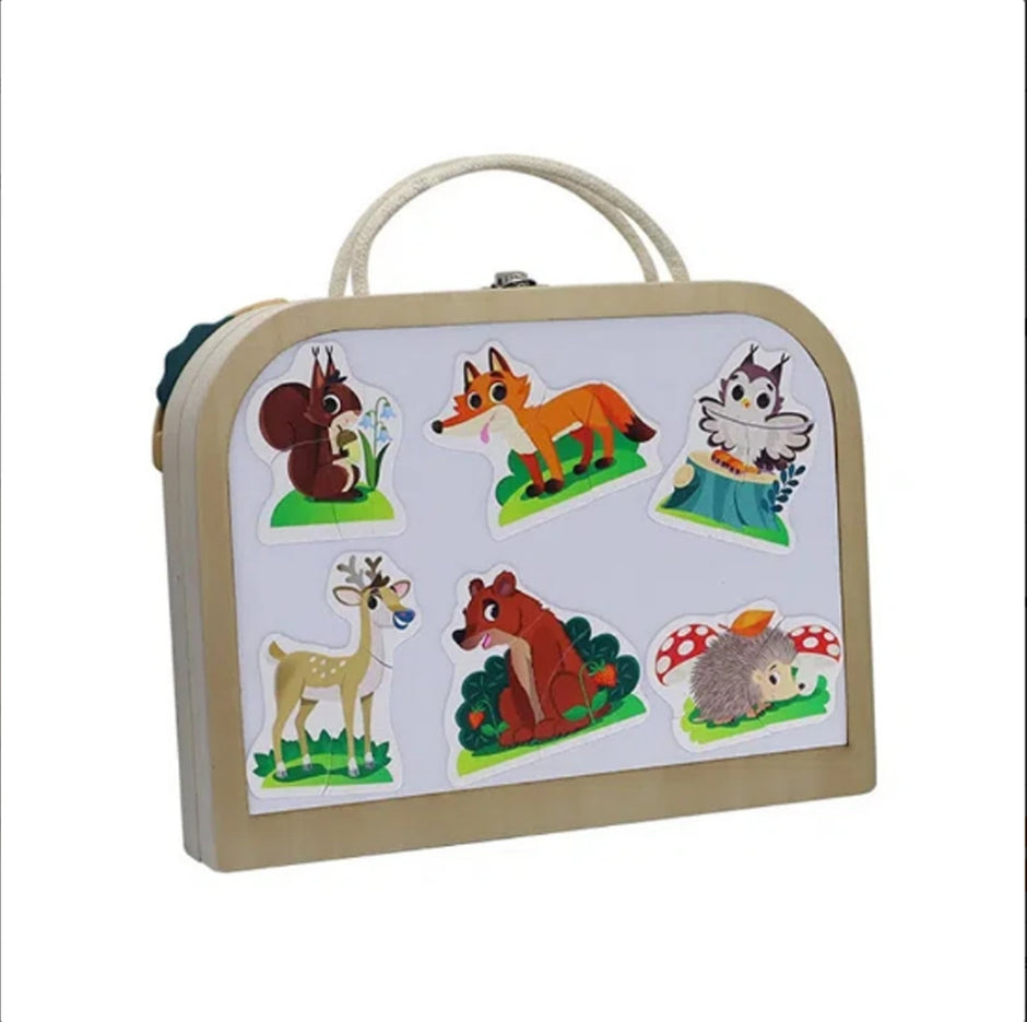 Maleta Montessori “Aventuras de Madera” – Tablero Educativo 3 en 1