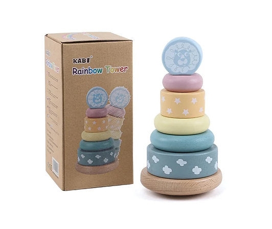 Torre Arcoíris de Madera – Sueños Pastel Montessori