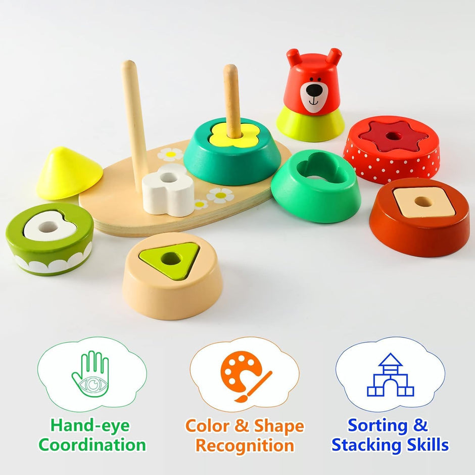 Torre Arcoíris del Bosque – Osito Apilador Montessori de Madera