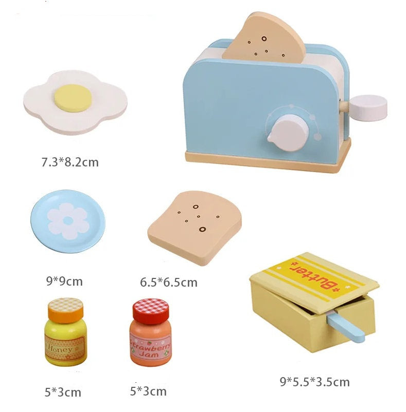 ¡A desayunar! Tostador de madera con pan, huevo, miel y más – Juego de desayuno Montessori