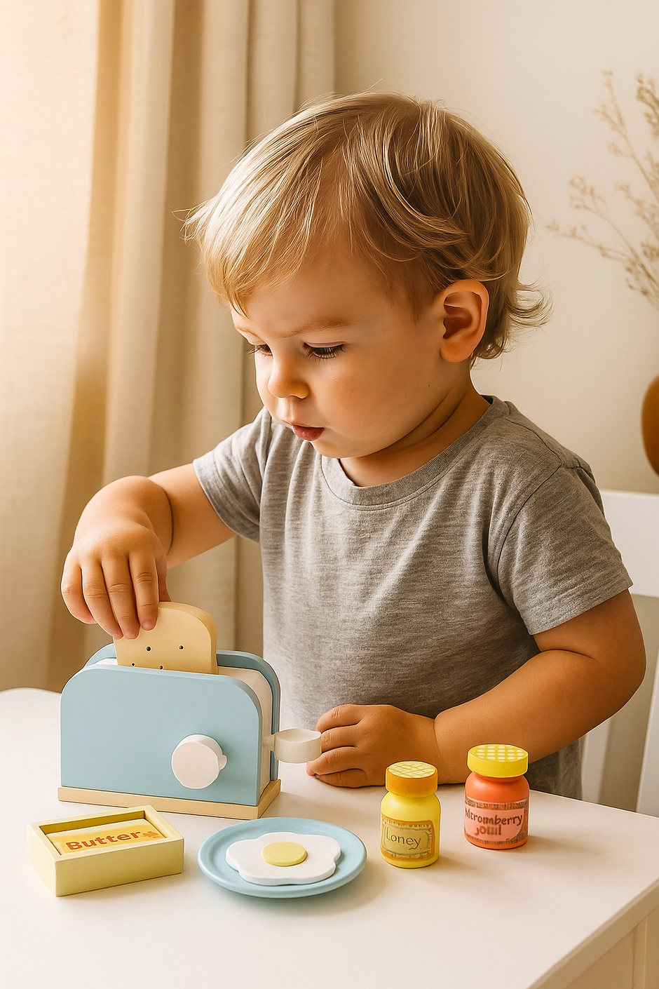 ¡A desayunar! Tostador de madera con pan, huevo, miel y más – Juego de desayuno Montessori