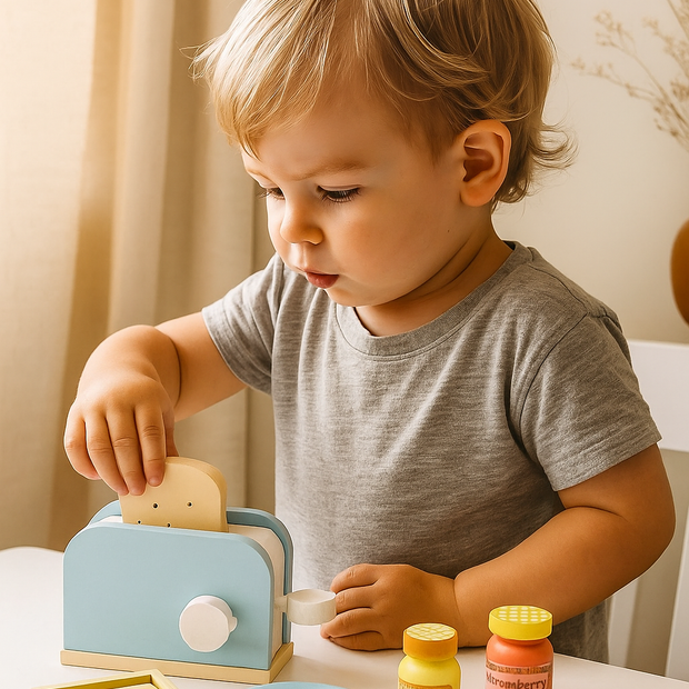 ¡A desayunar! Tostador de madera con pan, huevo, miel y más – Juego de desayuno Montessori