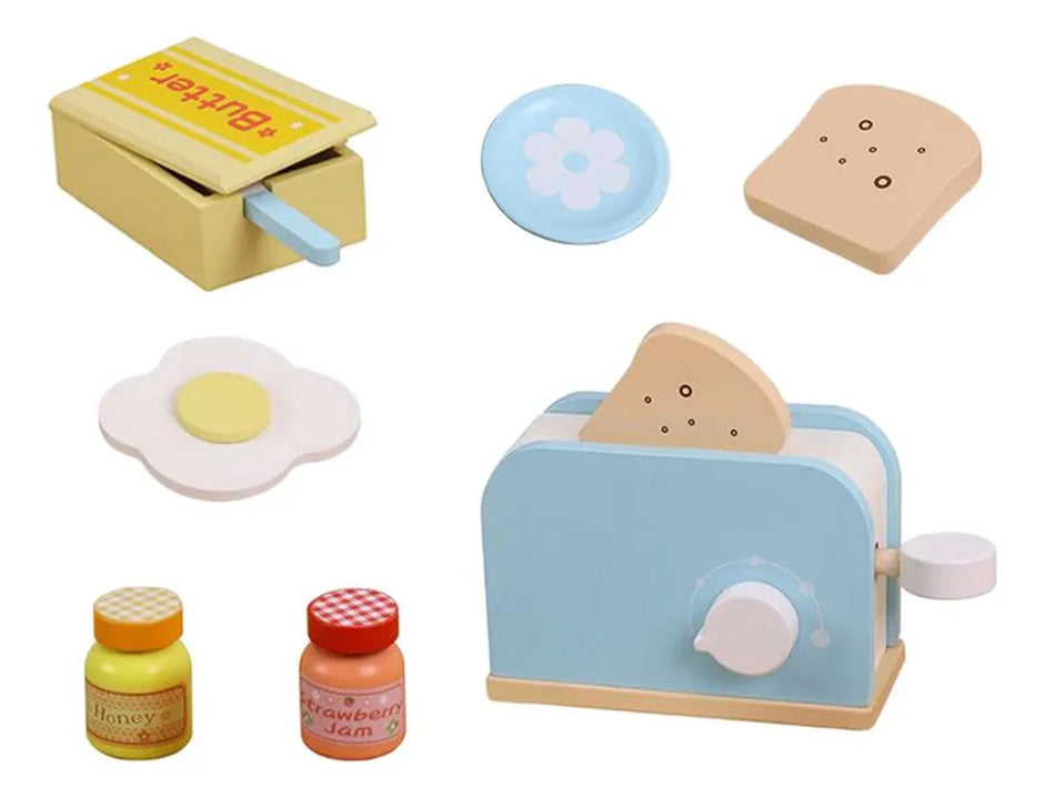 ¡A desayunar! Tostador de madera con pan, huevo, miel y más – Juego de desayuno Montessori