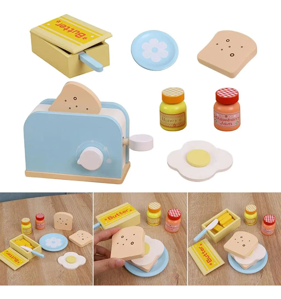 ¡A desayunar! Tostador de madera con pan, huevo, miel y más – Juego de desayuno Montessori