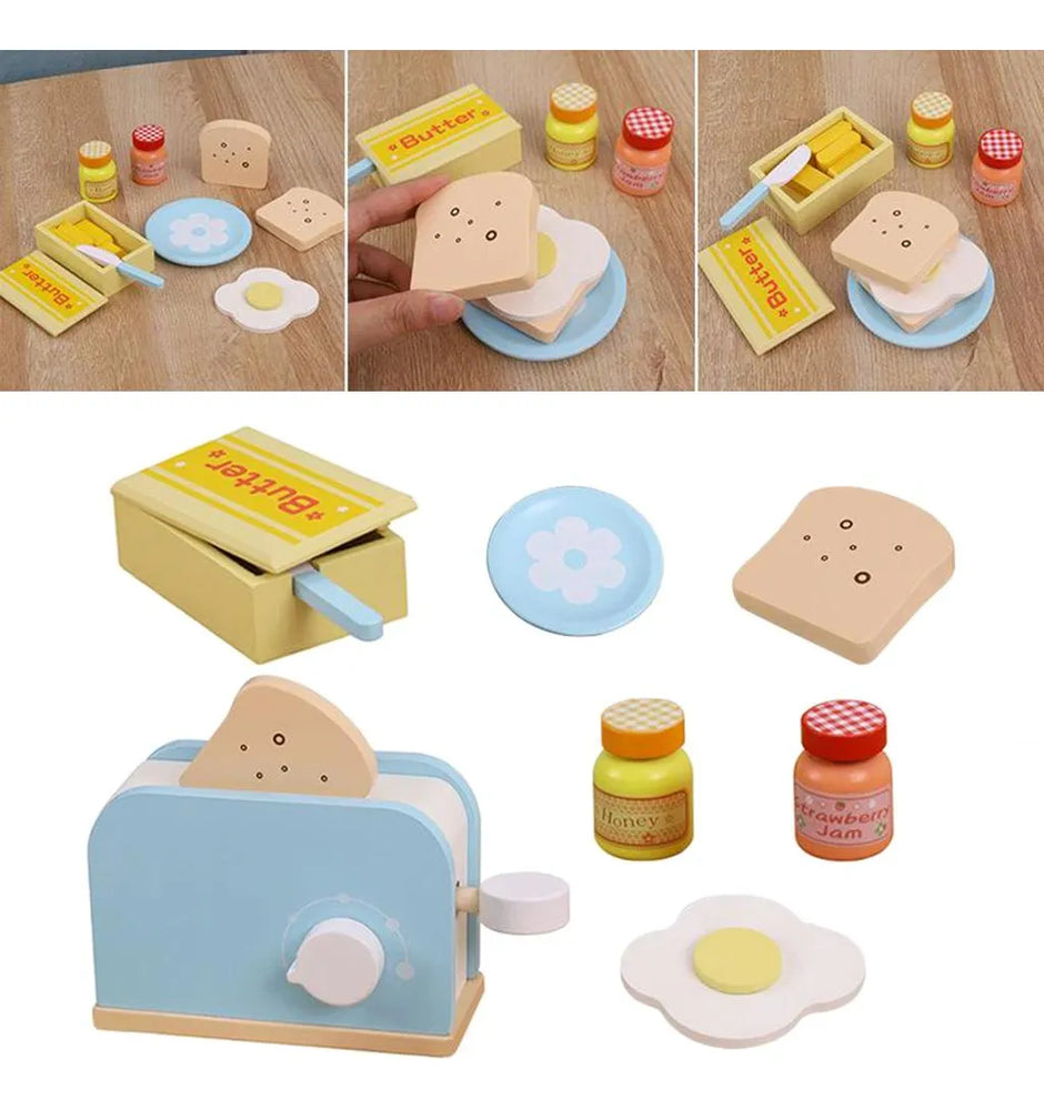 ¡A desayunar! Tostador de madera con pan, huevo, miel y más – Juego de desayuno Montessori