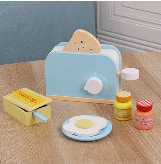 ¡A desayunar! Tostador de madera con pan, huevo, miel y más – Juego de desayuno Montessori