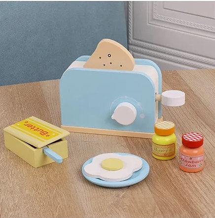 ¡A desayunar! Tostador de madera con pan, huevo, miel y más – Juego de desayuno Montessori