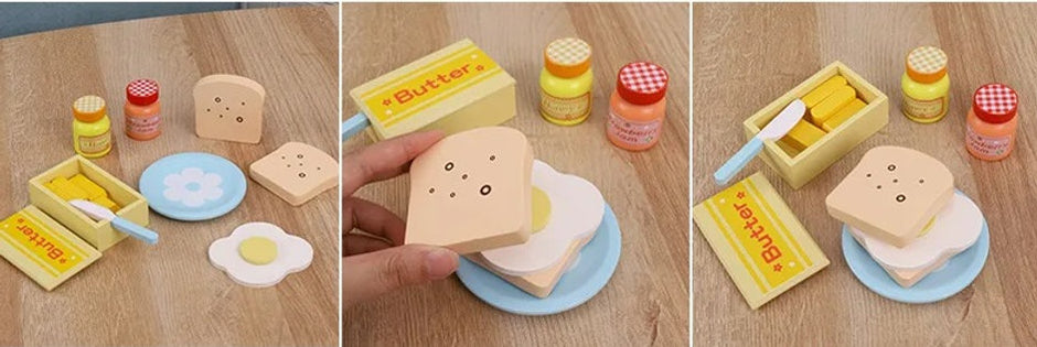 ¡A desayunar! Tostador de madera con pan, huevo, miel y más – Juego de desayuno Montessori