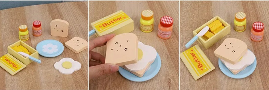 ¡A desayunar! Tostador de madera con pan, huevo, miel y más – Juego de desayuno Montessori